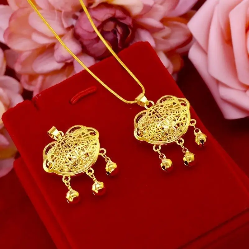 Gold-Tone Clavicle Necklace with Auspicious Lock Pendant Symbolizing Safety, Prosperity, and Longevity for Babies and Children