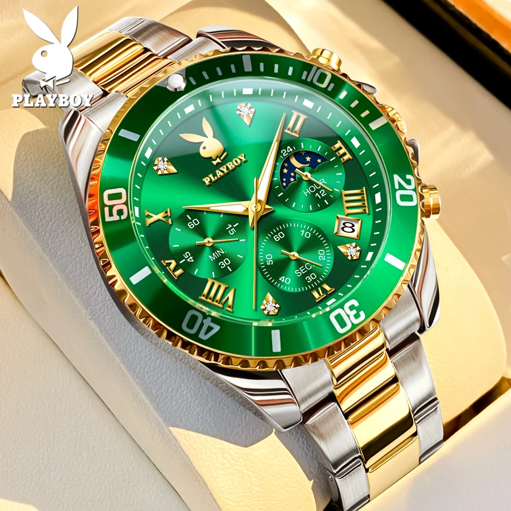 PLAYBOY 3506 Men Watches Original Multifunctional Quartz Wristwatch Waterproof Luminous Moon Phase Watches For Man Gifts