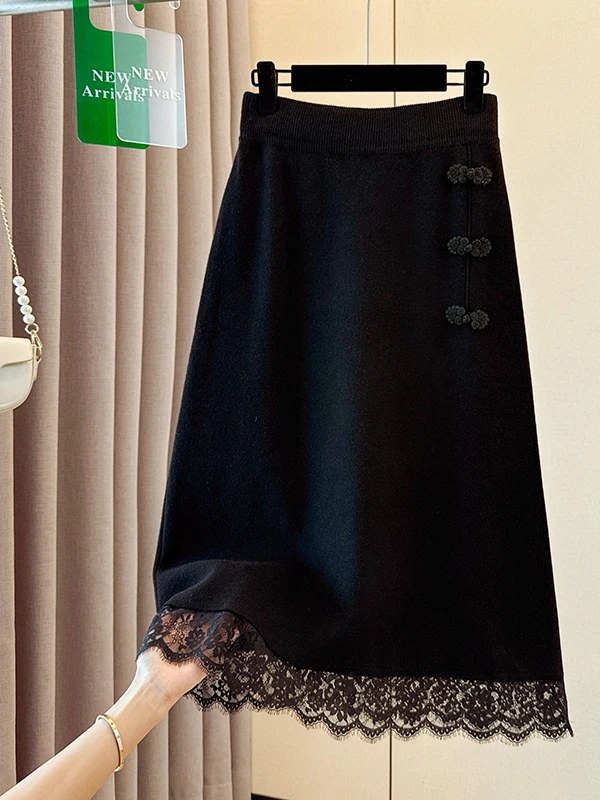 جديد الصينية Sle عالية الخصر الدانتيل لصق طويل محبوك f تنورة حجم كبير المرأة مرونة الخصر التخسيس الخريف Faion