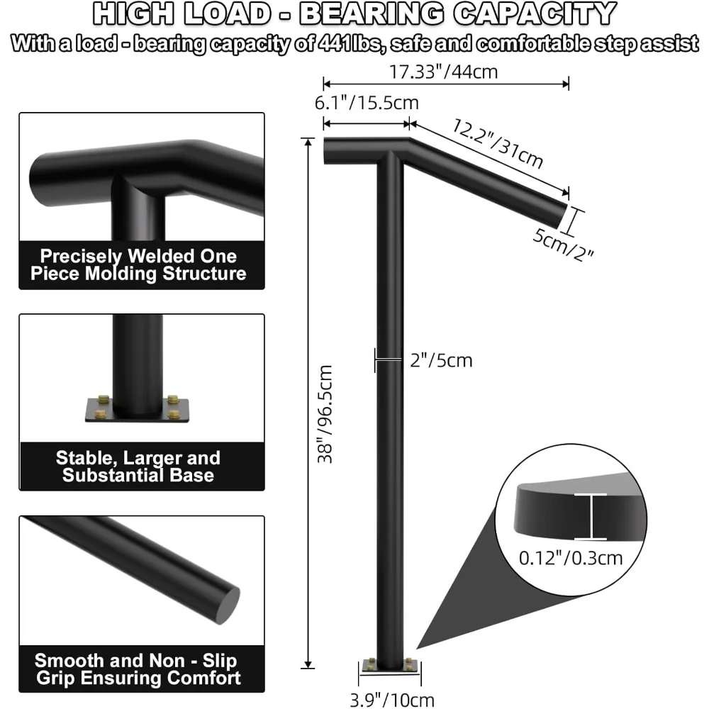 درابزين معدني شديد التحمل في الهواء الطلق صديق للكبار لدرجًا بطول 1-2 خطوات - مطلي بالمسحوق، ارتفاع 38، تصميم عمود واحد مع Lo #6