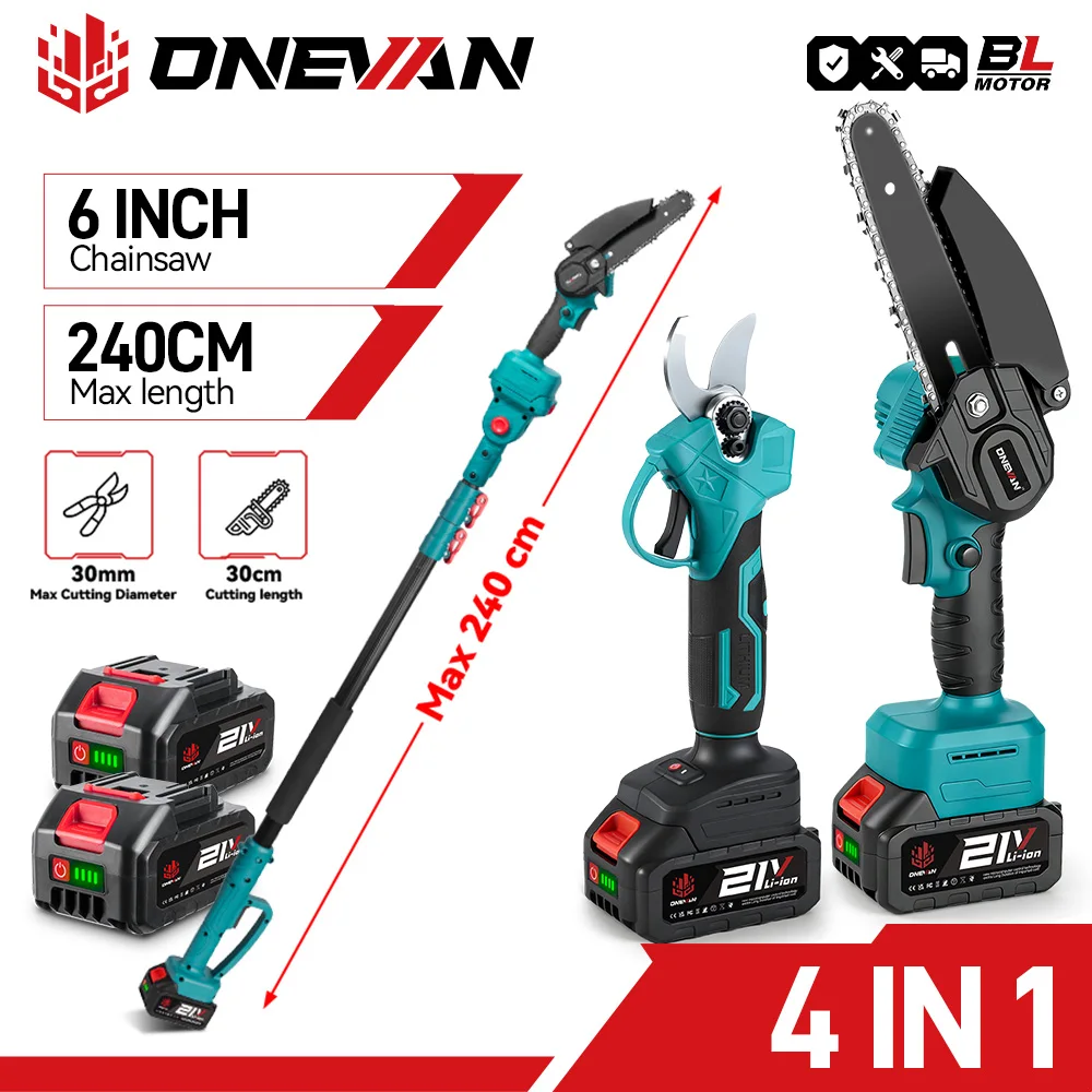 Scie à chaîne électrique télescopique sans balais ONEVAN 4 en 1, 3500 W, cisaille pour branches hautes, outil de jardinage, compatible avec batteries 21 V et 18 V