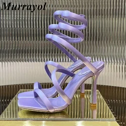 New Ankle Snake Shaped Strap Entanglement Sandals Women Satin One Strap Thin High Heels Sandalias Summer Dress Shoes Pumps