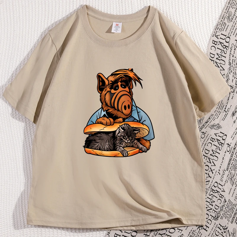 Camiseta divertida Alf Eat Cat, camiseta informal de manga corta de algodón con cuello redondo, ropa de calle para hombres y mujeres, camiseta holgada y cómoda, ropa