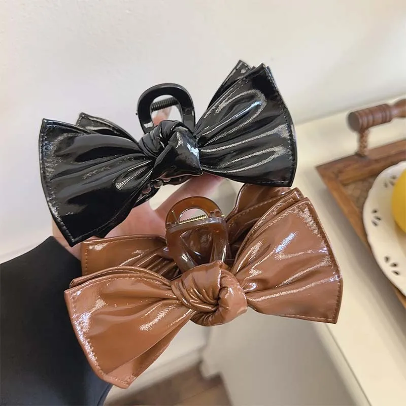 French Retro Imitation Leather Large Double Layer Bow Claw Clip Sweet All-Matching Hair Claw Back Head Updo Ponytail Clip Female