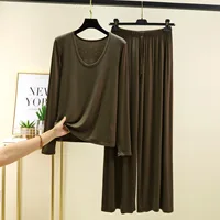 M to 6XL Modal Long sleeve U-Neck Tshirt and Wide leg pants Plus size Women Loose Pajamas set solid color Thin Homewear clothing - Image 4