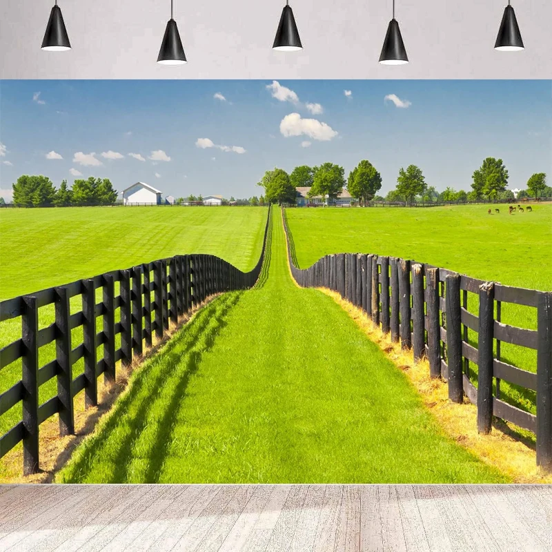 

Photography Backdrop Stud Farm Rustic Wooden Fence Spring Pasture Green Grass Meadow Horse Ranch Background Wall Banner Poster