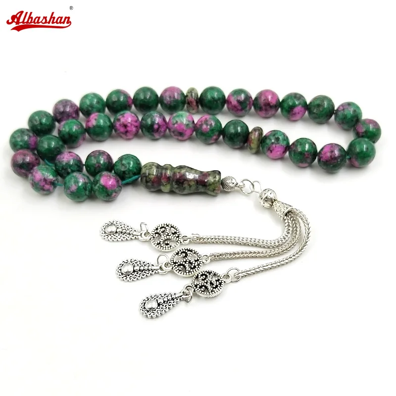 Tasbih-Cuentas de piedra zoisita de , pulsera de cuentas de Rosario, accesorios islámicos, borla de metal 33