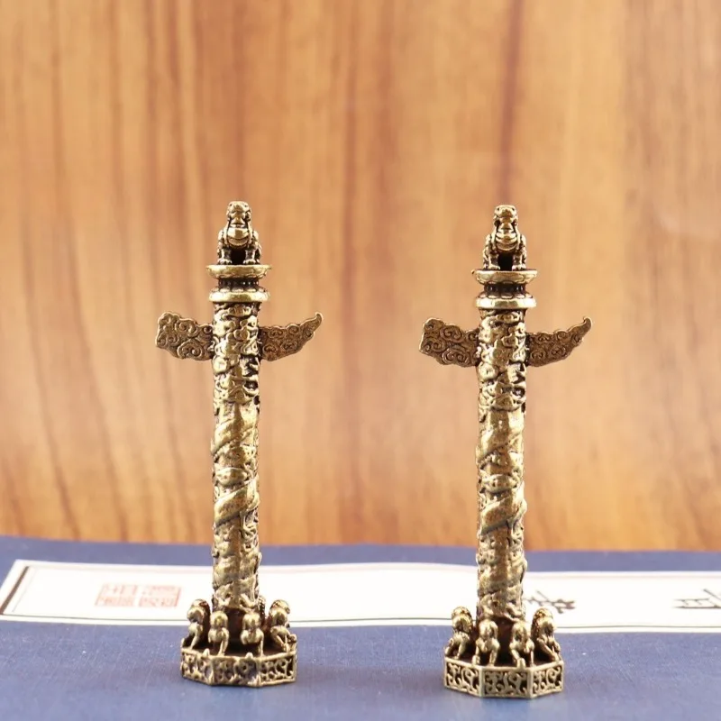 Vintage Brass Chinese Huabiao Figurine Mini Stone Pillar Statue Oriental Desktop Ornament Retro Table Decor Collectible Craft