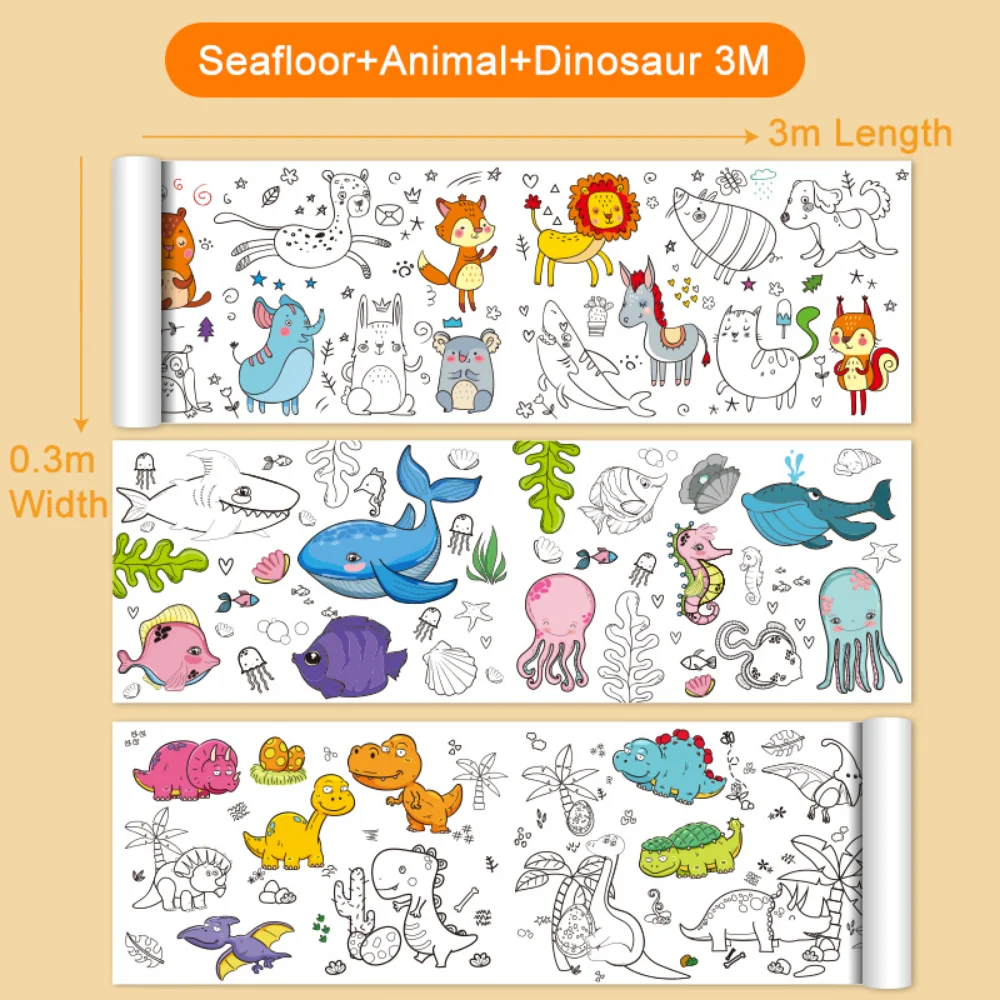 ม้วนวาดภาพสำหรับเด็ก12/6/3M แบบทำมือหมุนมีแถบสีเขียนกราฟฟิตีแบบกระดาษม้วน kertas mewarnai สำหรับเด็กของเล่นเพื่อการศึกษา