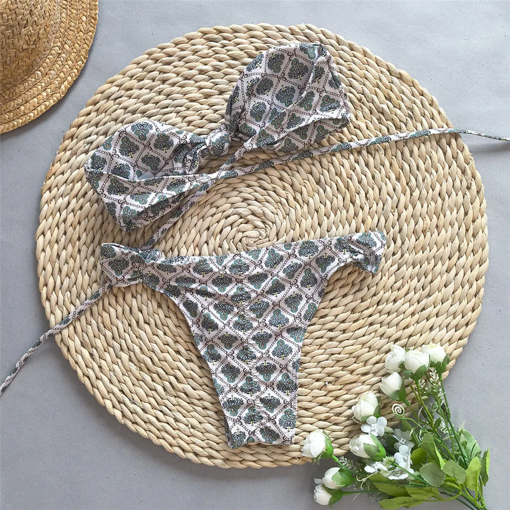 Vintage Floral Print Swimwear Micro Bandeau Bikinis Sets Sexy Swimsuit Women 2024 Mini Thong Bathing Suit Kontted Bikini Bather