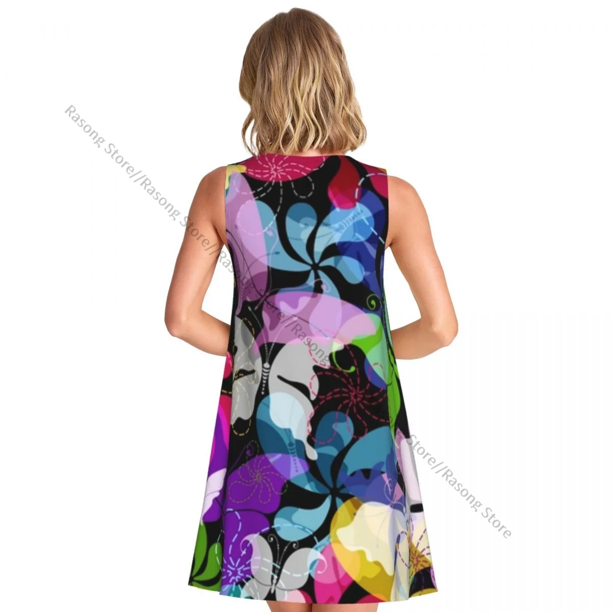 فستان نسائي مزين بالزهور والفراشات الملونة صيفي كاجوال تي شيرت لتغطية الشاطئ فستان بدون أكمام