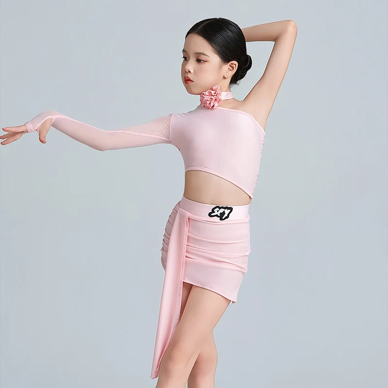 Kids Girls Latin Dancewear One Shoulder Mesh Sleeve Bodysuit and Fold Skirt Training Ballroom Competition Dance Costumes
