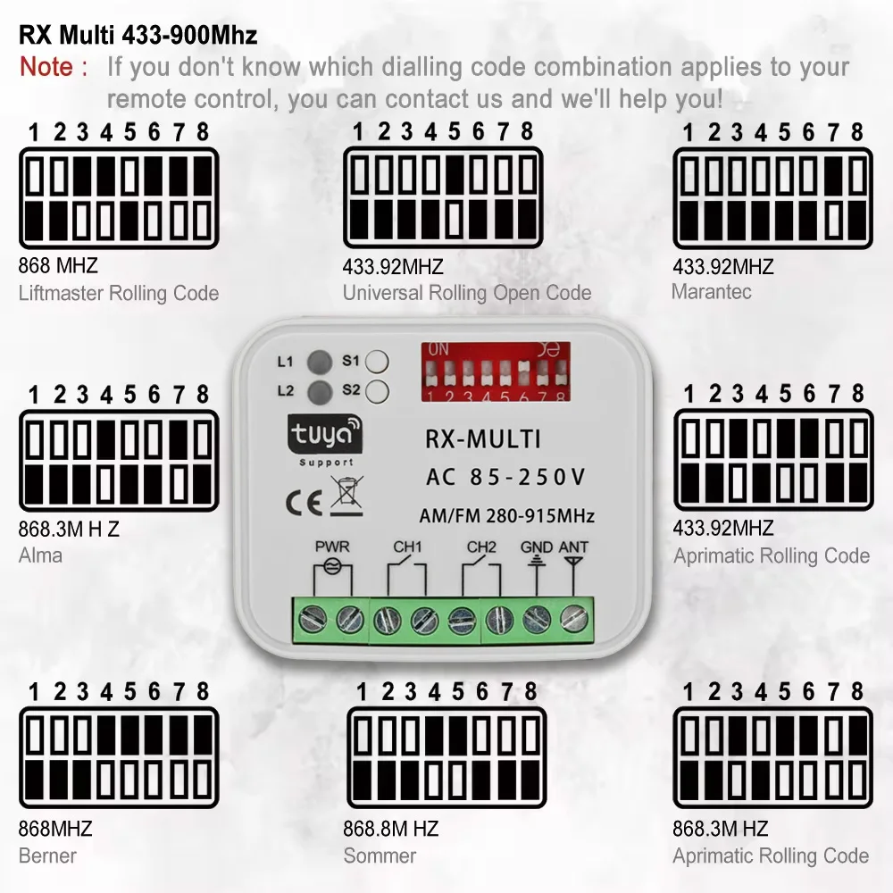 Universal para receptor de puerta de garaje RX Multi 280-915MHz puerta interruptor de Control remoto módulo controlador de relé 433MHz 868MHz