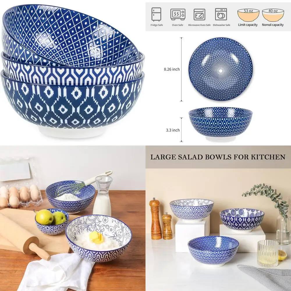 

ceramic large salad bowls set, 53 oz pho bowls 8 inch soup bowls for kitchen, large serving bowls for ramen pasta fruit dinner,