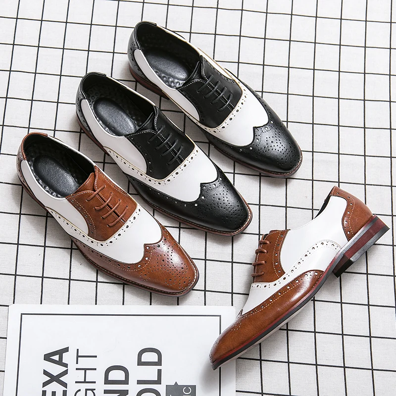 Italian brand brown white mixed block shoes men\'s high quality dress shoes business office shoes leather loafers big size:38-48