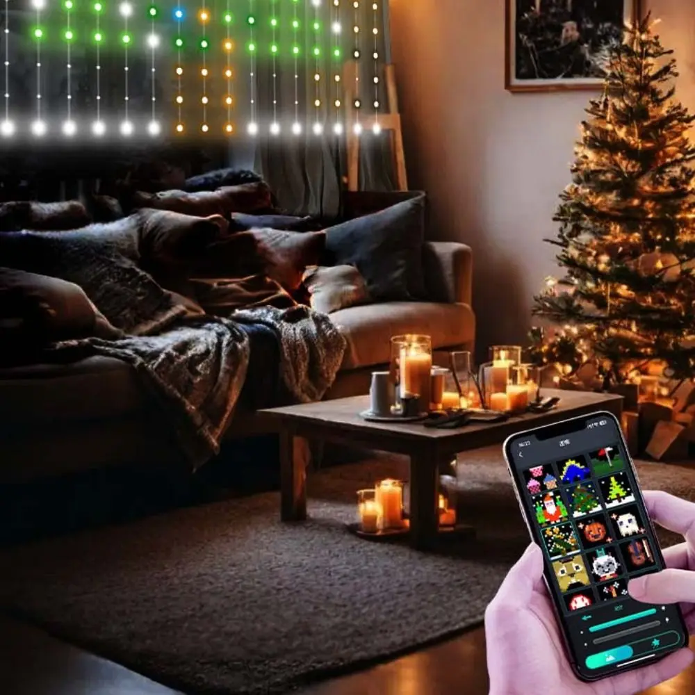 APP Controlled Fairy String Lights Music Sync IP65 Waterproof RGB Pixel Lights RGB Color Changing DIY Pattern LED Curtain Lights
