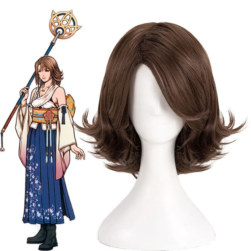 Final Fantasy Yuna Cosplay Wigs 40cm Medium Long Straight Brown Synthetic Hair