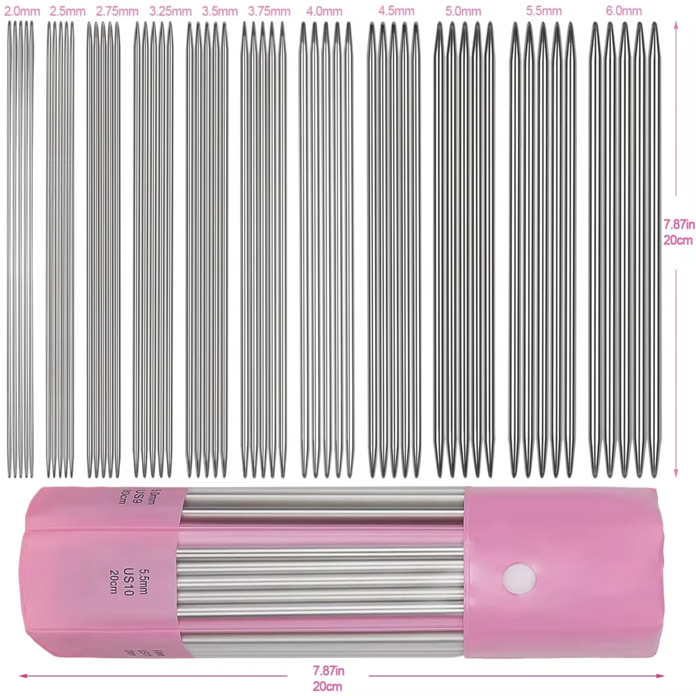 55pcs/Set 20cm Double Pointed Stainless Steel Knitting Needles Set Knitting Pins Beginners DIY Weave Sewing Tools 2.0-6.0mm
