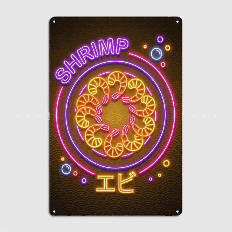 Neon Shrimp Japanese Food Poster Metal Wall Art Cave Garage Classic Painting Tin Sign Vintage Posters Room Decor Home Decoration