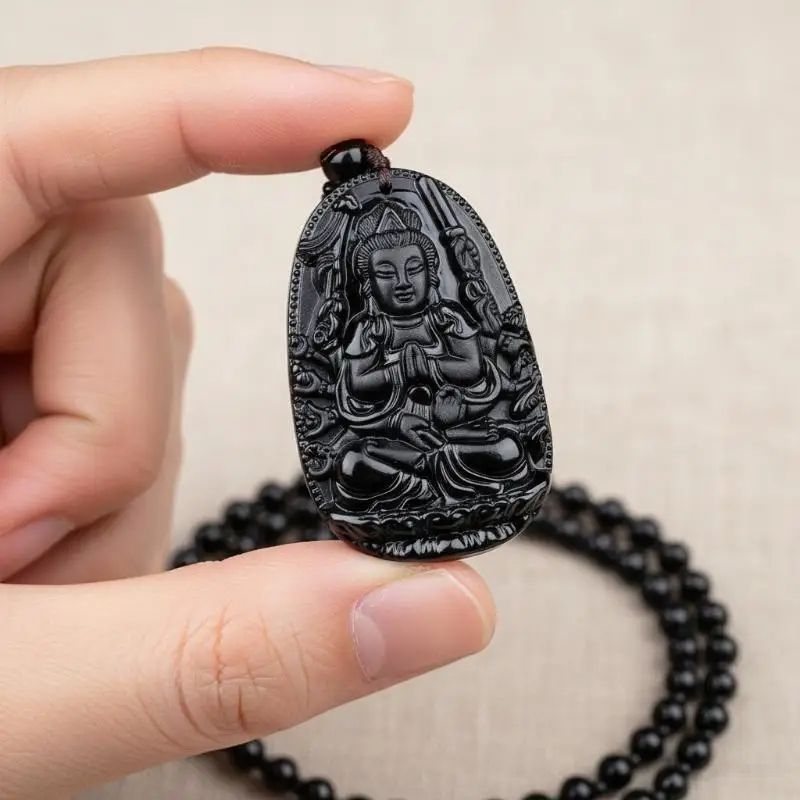Black Obsidian  Pendant Carved Design Beaded Chain Daily Wear Lucky Gift For Men Women