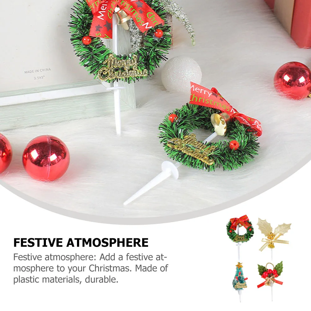

4 Pcs Christmas Baking Cake Toppers Plastic Decorations Party Photos Xmas Supplies Wreath Bell Leaf Designs