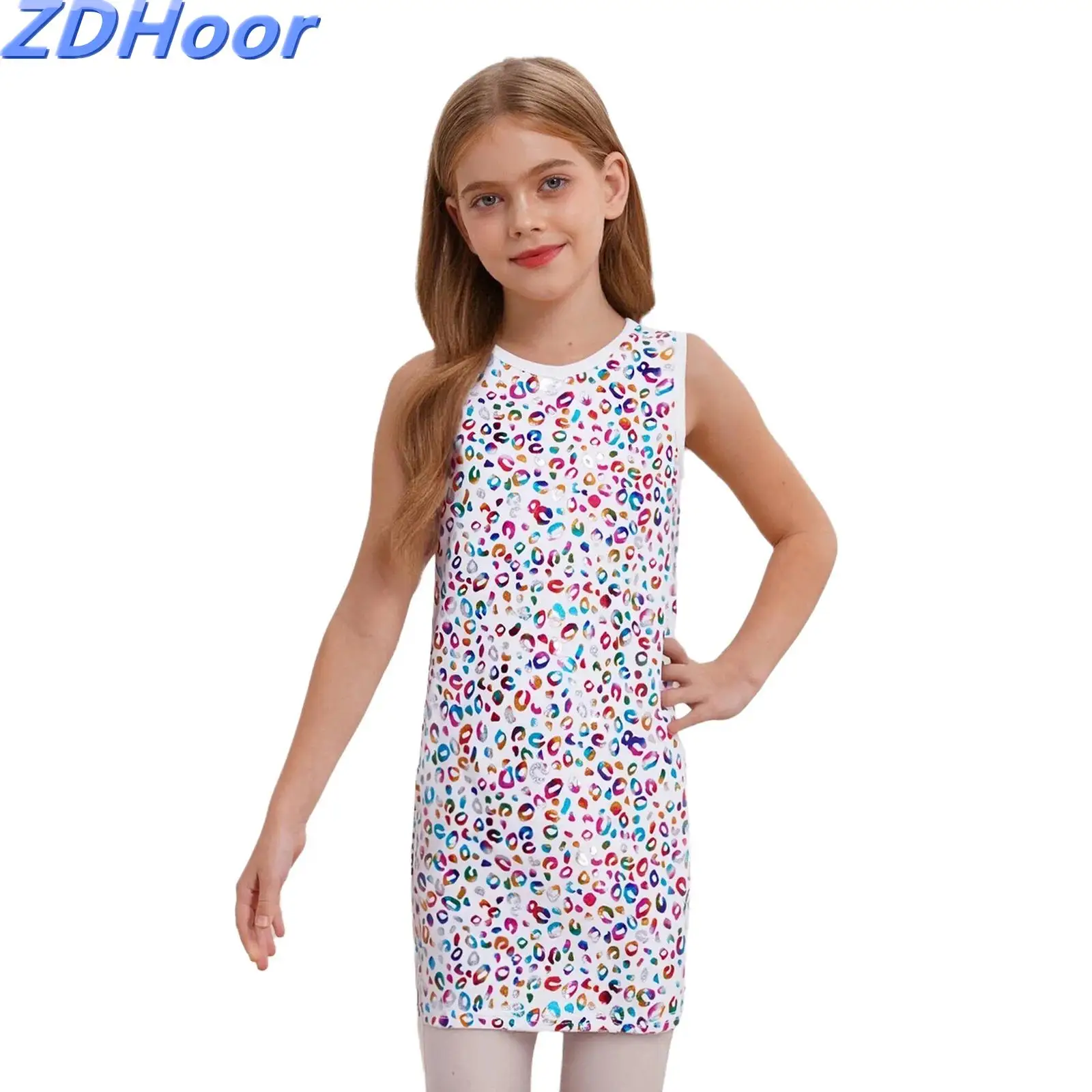 

Kids Girls Jazz Dance Dress Metallic Round Neck Sleeveless Tank Dress for Stage Performance Leopard Costume