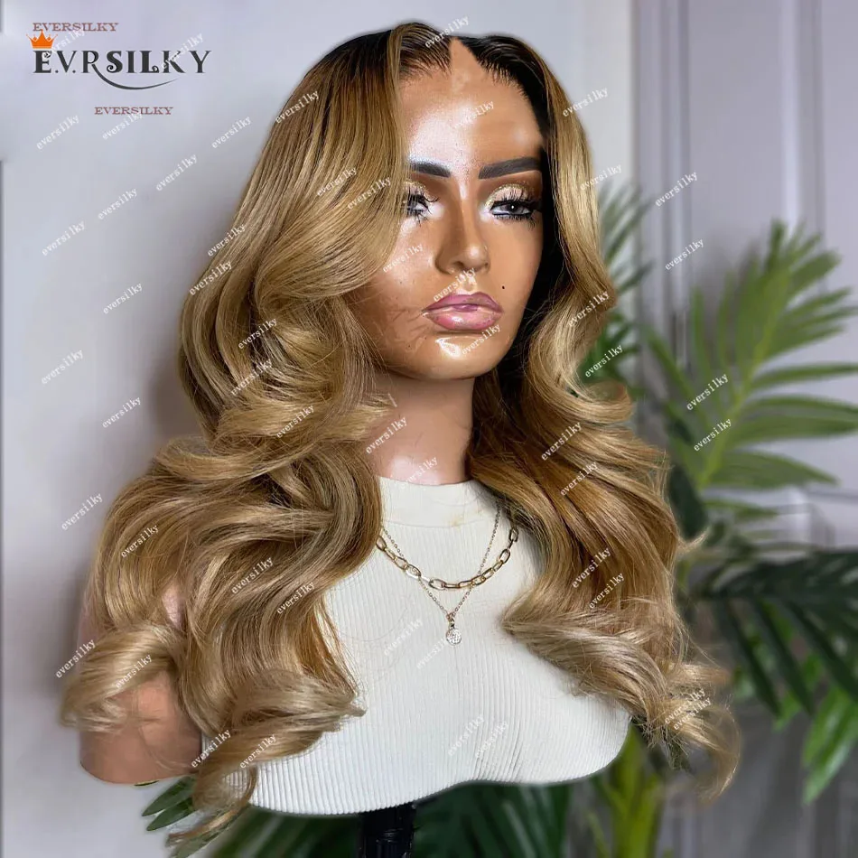 

Ombre Golden Honey Blonde Body Wave V Part 100% Indian Human Hair Wigs Middle /Side Wavy Cheap Full Highlights Brown U Shape Wig