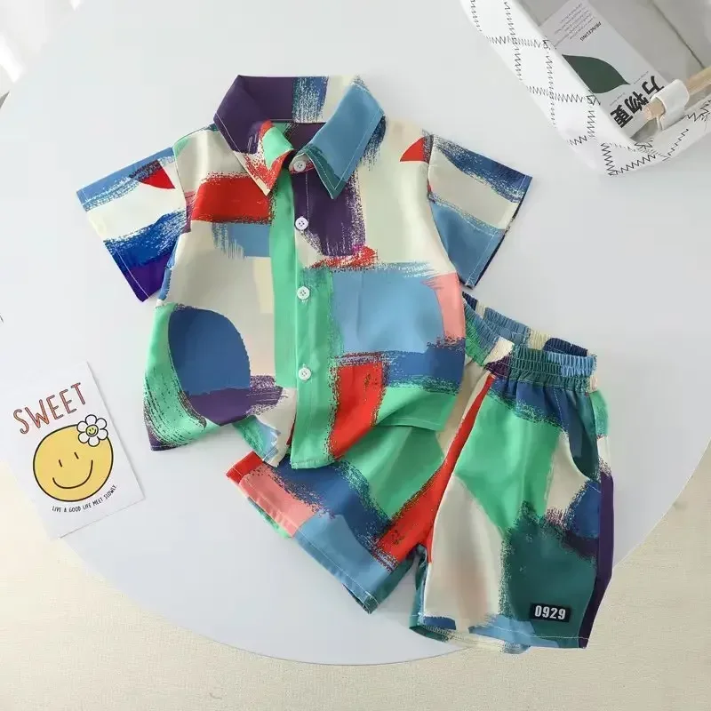 

Summer Kids Clothes Boy Girl Print Lapel Shirt Shorts Suit Watercolor Tie Dyeing Beach Wear Camouflage Top and Bottom 2pcs Set