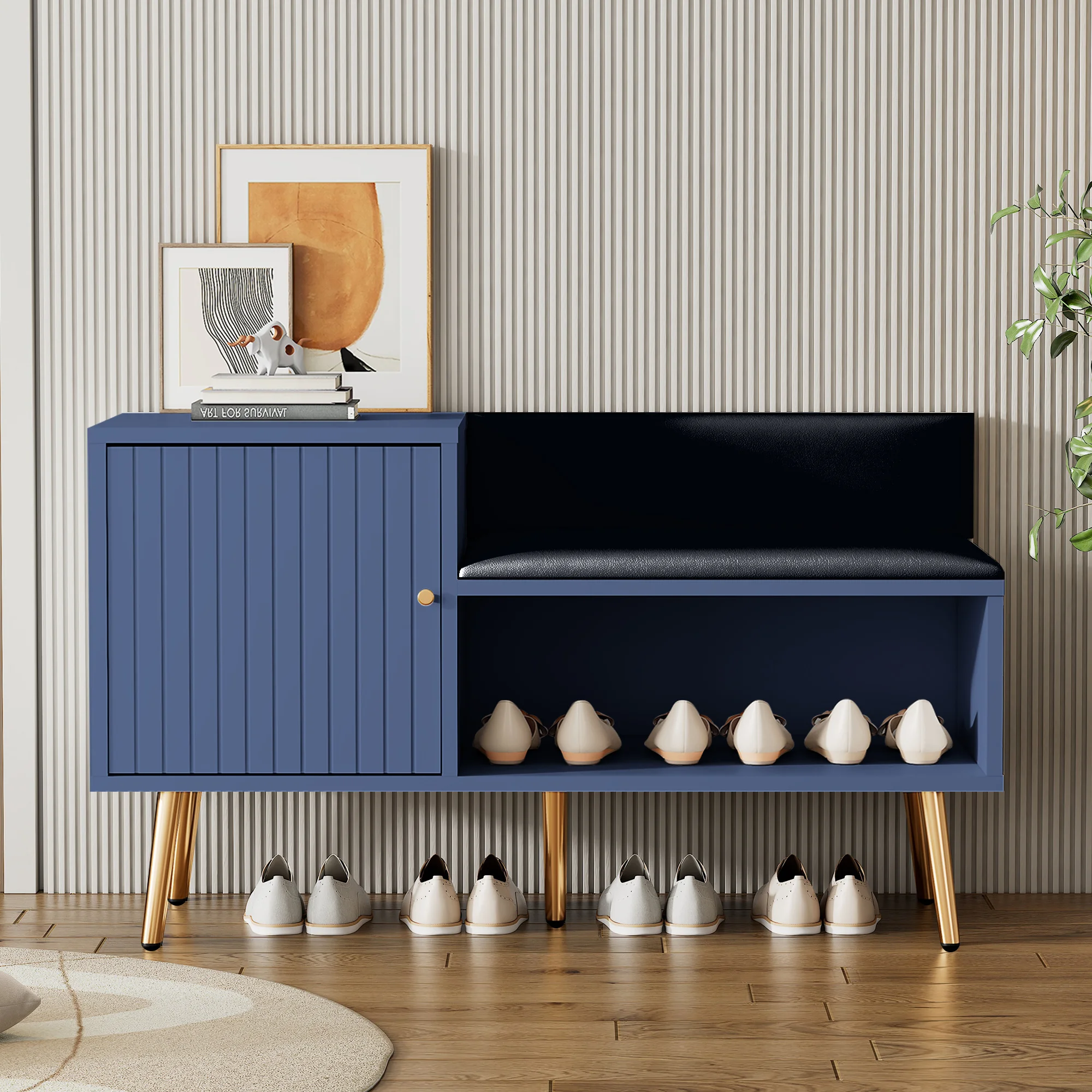 Modern luxury shoe chest in blue with storage, upholstered bench and backrest shoe rack with metal handles and Meta