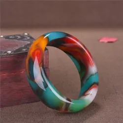 Hetian Jinsi Jade Wide Version Ladies' Bracelet Colorful Floating Flowers Natural Cinnabar Jade Women's Bracelet