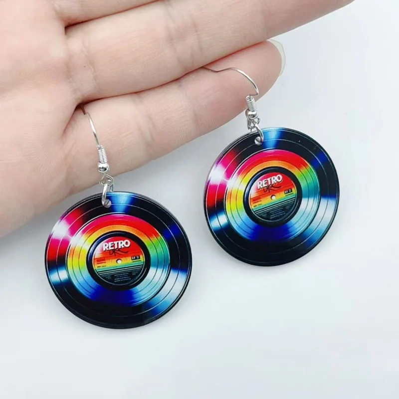 2Pcs Retro Rainbow Vinyl Record Dangle Earrings Women Round Colorful Music Theme Drop Earrings Fashion Party Costume Jewelry Gif
