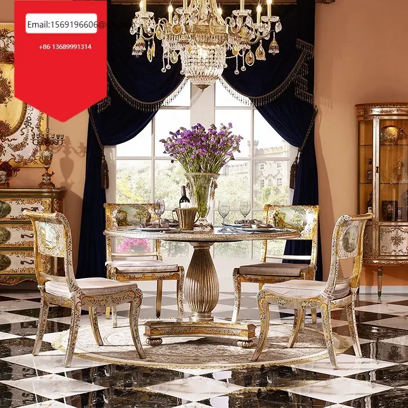 

French palace solid wood exported to Paris antique gold foil heavy hand-painted round dining table chairs.