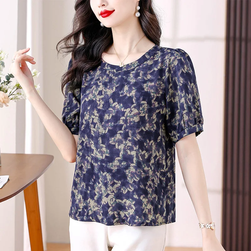 Women Vintage Floral Printing Short Sleeve Blouse Summer Fashion Loose All-match Chiffon Shirts Office Lady Elegant O-neck Tops