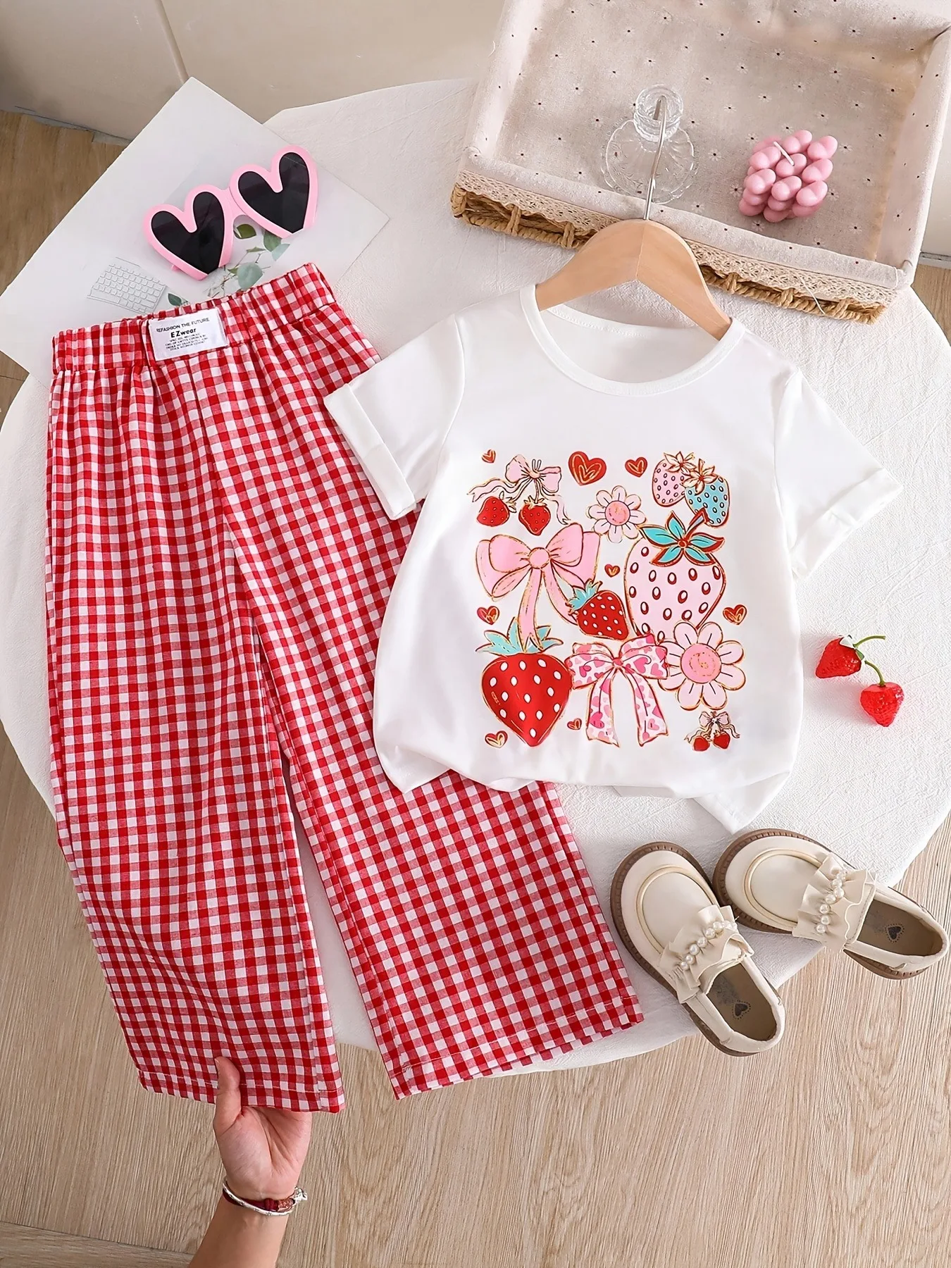 Breathable Kids Girls Two Piece Co-ord Set, Soft Cartoon Strawberry Printed Short Sleeve Top & Elastic Red Check Pants for Schoo
