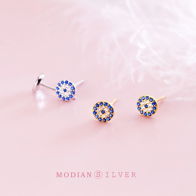 Modian Genuine Fashion 925 Sterling Silver Blue Zirconia Eyes Stud Earrings for Women Cute Luxury Gold Color Korean Jewelry
