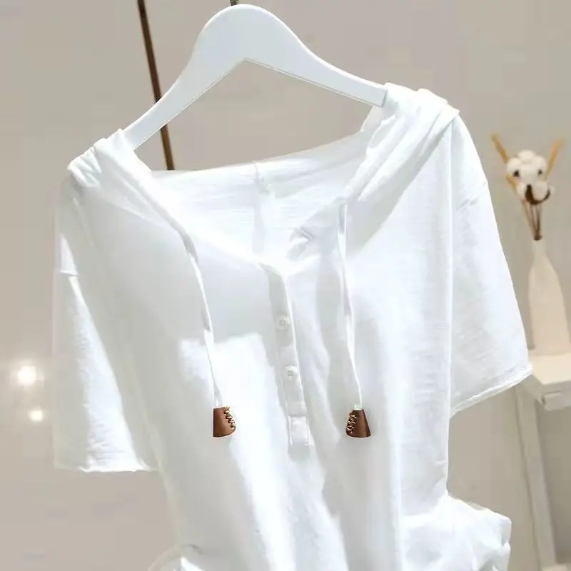 98% Cotton T Shirt Women Fashion Hooded Short-sleeved T-shirt 2024 Spring Summer Korean Style Loose Thin All-match Pullover Tops