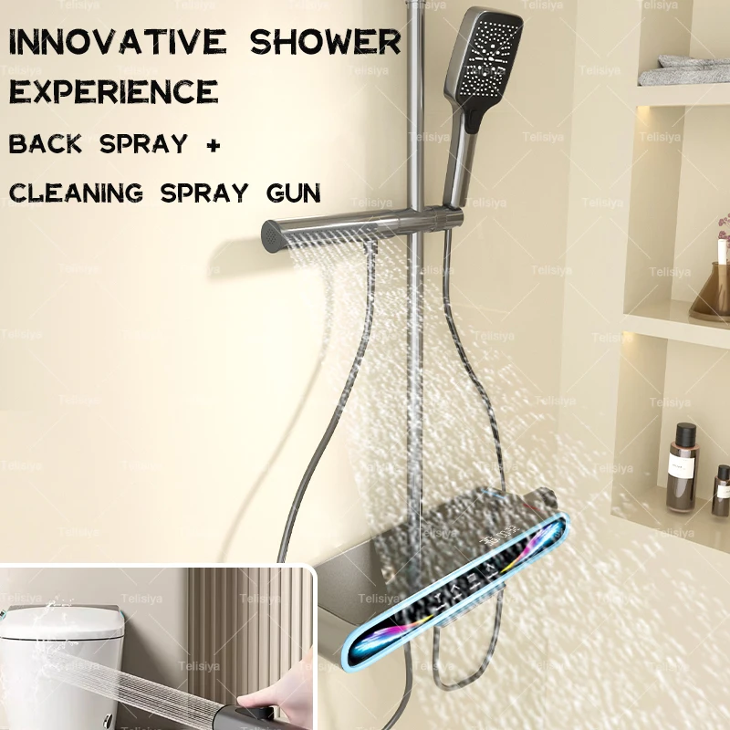 Grey Bathroom Shower Set Wall Mount Rainfall Milky White Booster Shower head Digital Display Modern Bath Set