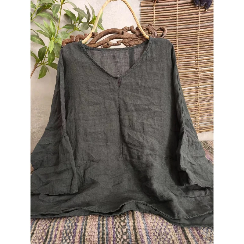 Kobiety Vintage V-Neck Długi rękaw 100% Ramie Wygodne koszulki 2025 Wiosna Nowe koszulki w jednolitym kolorze Luźny wysokiej jakości top na co dzień