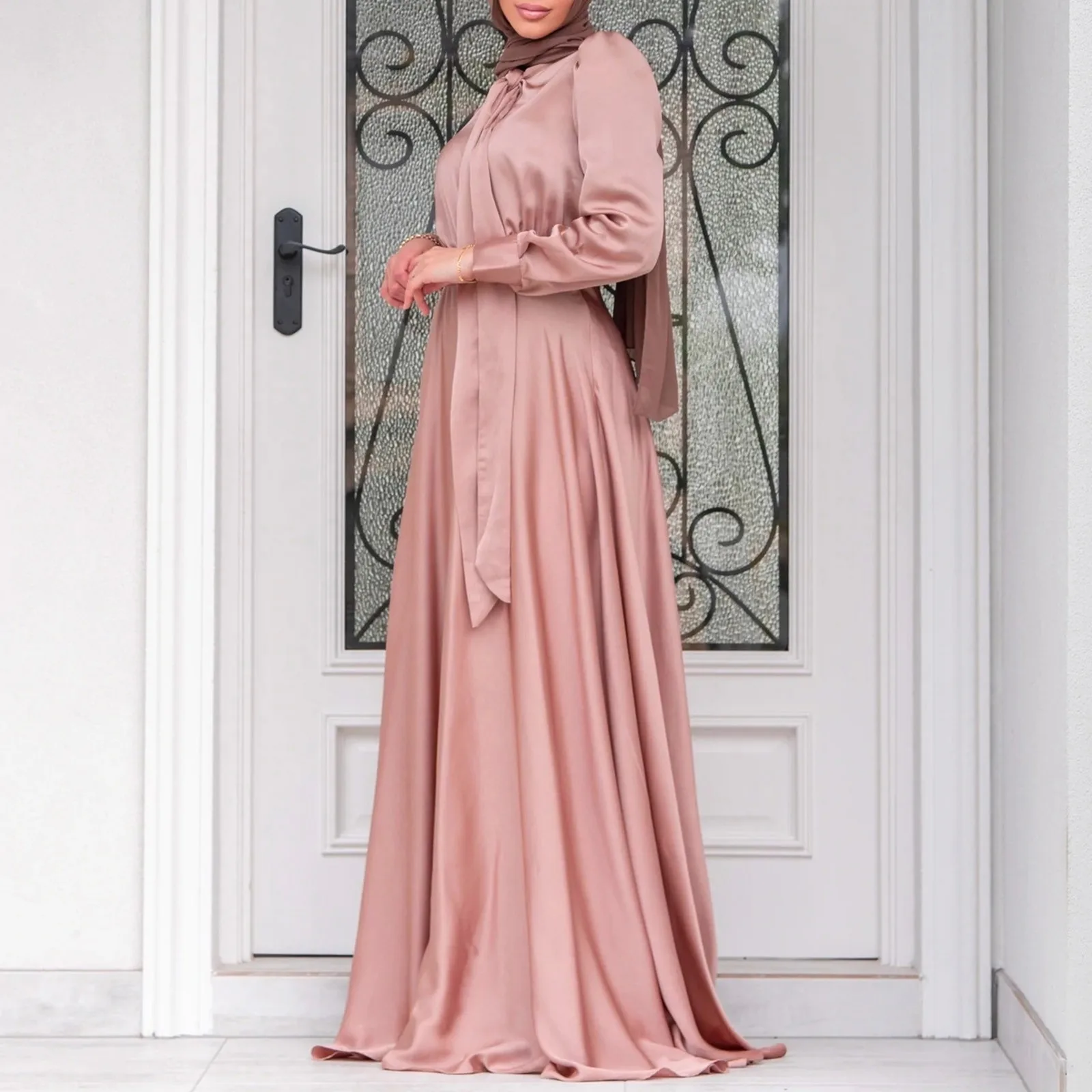 Women Satin Dress Muslim Abaya Hijab Dubai Turkey Evening Dresses Long Sleeve Solid Color Fashion Muslim Dress Robe Vestidos