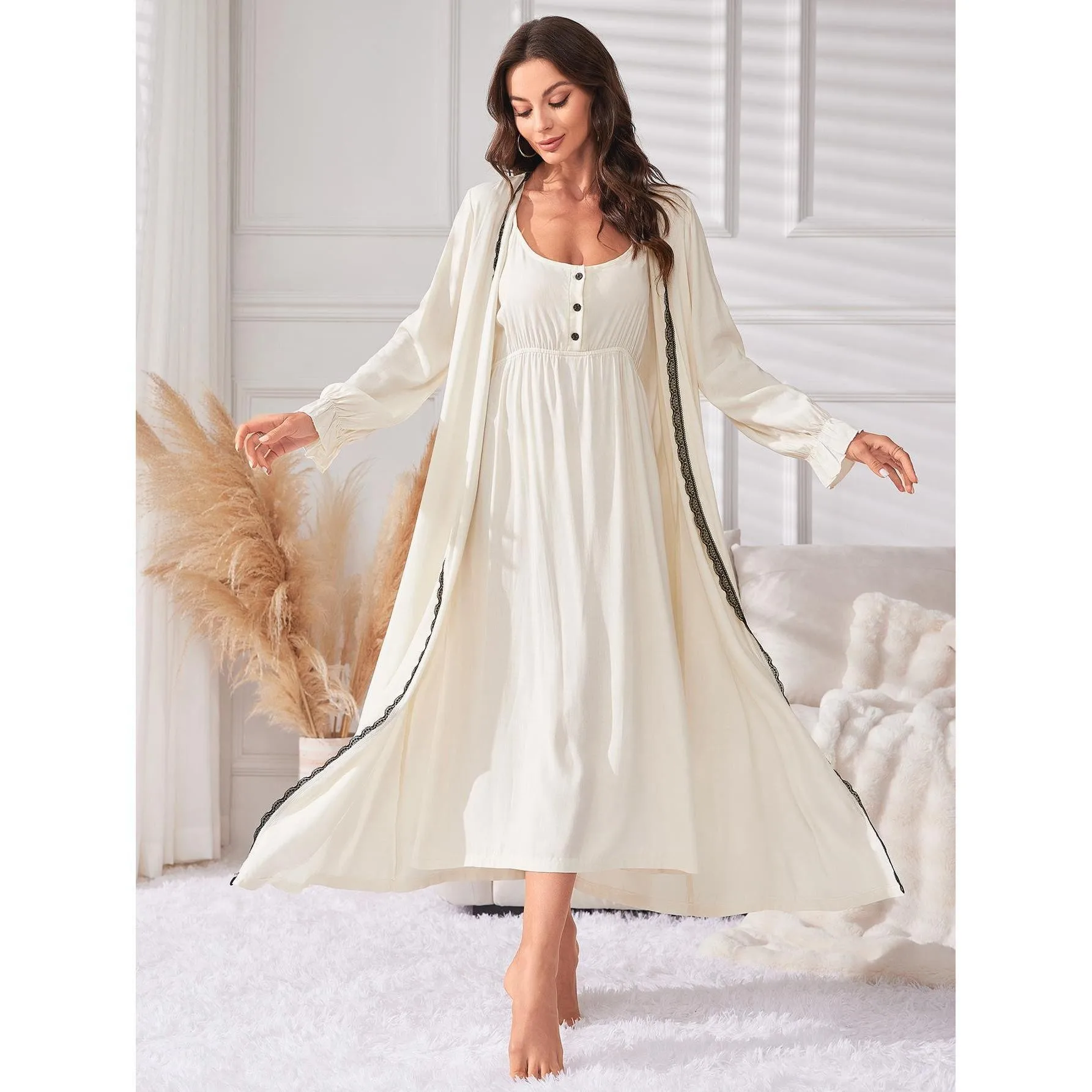Casual Sleepwear Women Nightgown Two Piece Set Long Sleeve Sleep Dress U Neck Tie Waist Night Dress Cream Color Sleep Gown