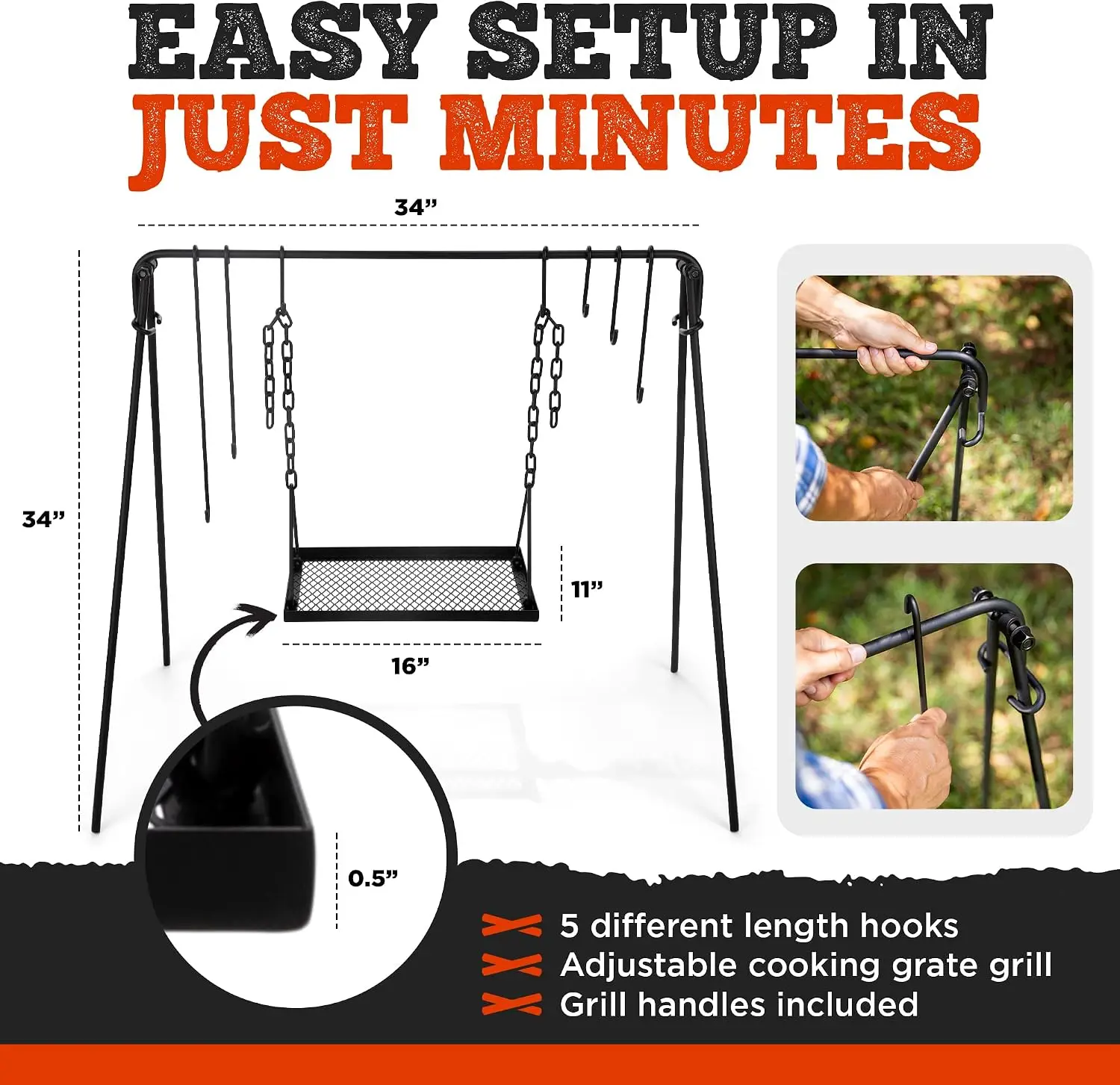 Grill Swing Campfire Cooking Stand BBQ Grill for Cookware & Dutch Oven Adjustable Collapsible Legs with Hooks & Accessories