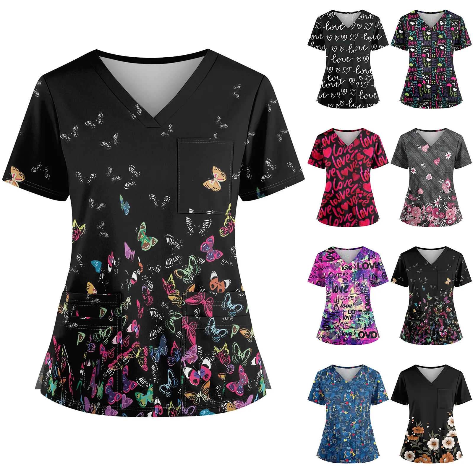 High Quality Women's Cross V-Neck Print Short Sleeve Workwear Comfortable Printed Scrub Working Uniform Tops Daily Casual Tops