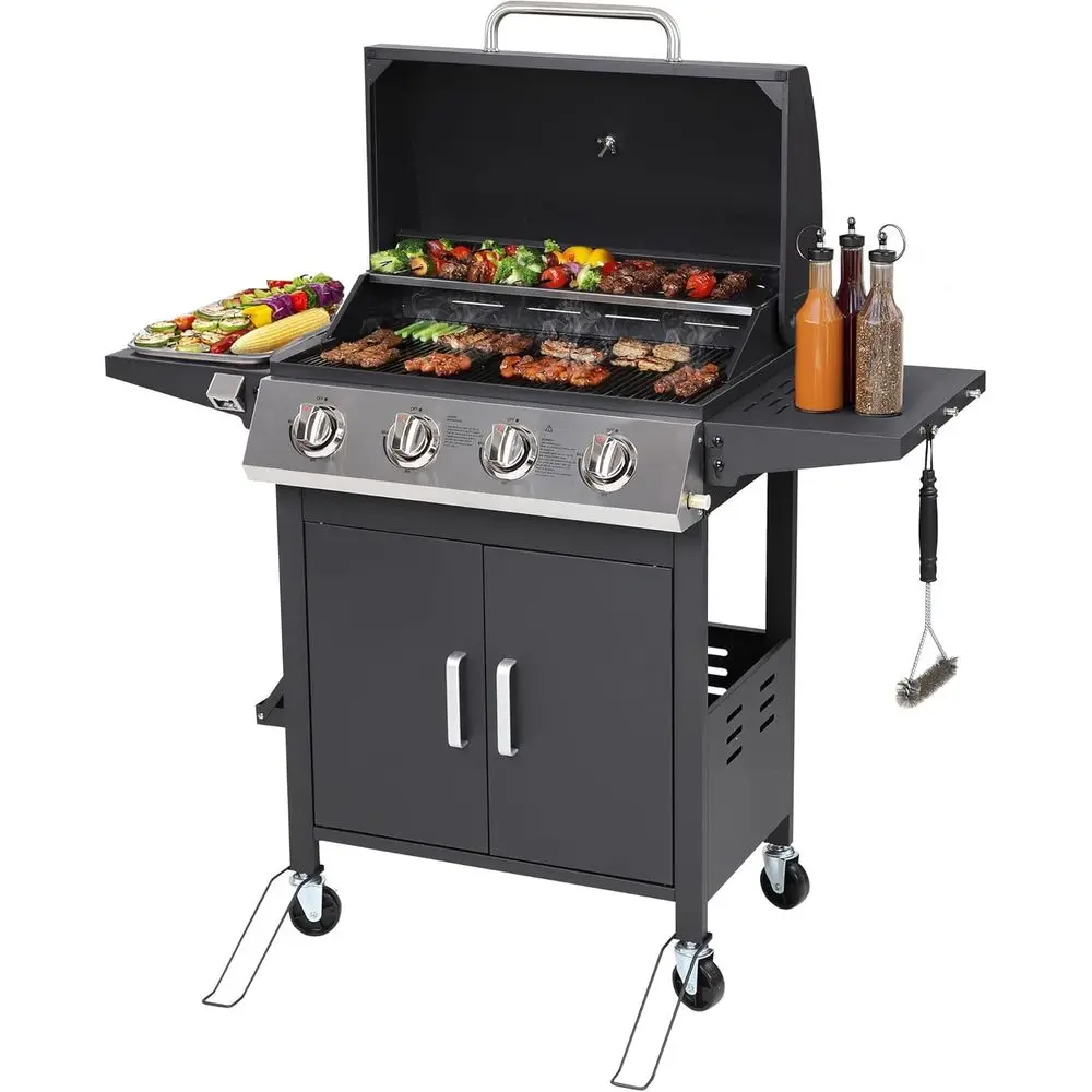 

Stainless Steel 4-Burner Gas Grill, 40,000 BTU, Porcelain Grates, Foldable Sides for Patio & Backyard Cooking (Black)