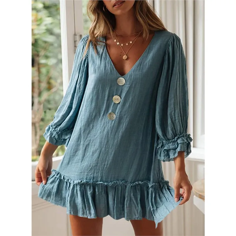 

Summer Fashion V-neck Dress Women's Solid Color Button Decoration Design Loose Ruffle Edge Splicing Mini Dresses Ladies Vestidos