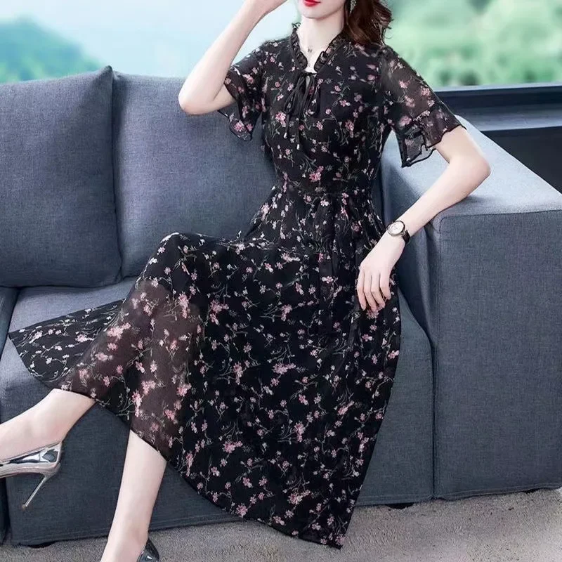 

Oversized 6xl Chiffon Floral Midi Dress Women Summer New Boho Robe Elegant Short/Long Sleeve Vestidos Korean Ruffle Neck Dresses