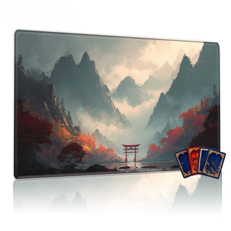 The serene Japanese-style torii gate in the mist. CCG game mat, non-slip, perfect for TCG/CCG fans, ideal for family activities