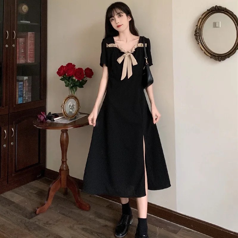 

Splice Style Bow Decor Dress Women's Summer Square Collar Split Black Dress French Elegant Square Neck Mid Length Dresses