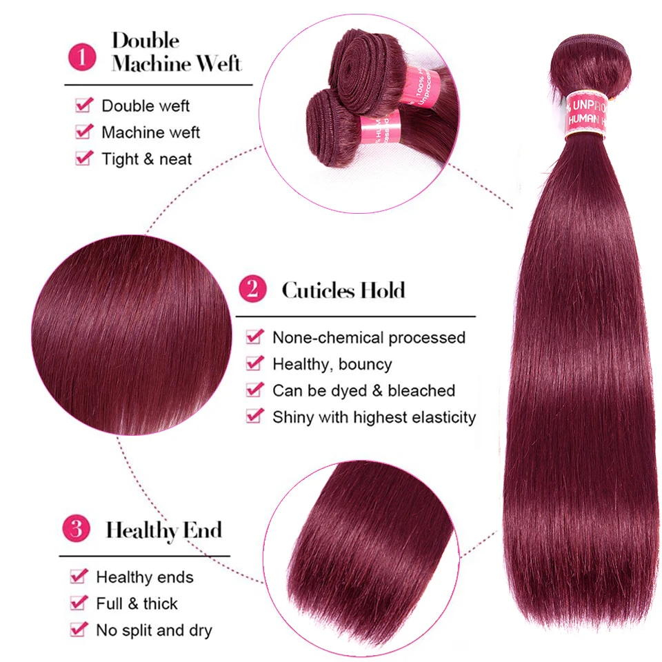 99J ตรงปิดสีน้ําตาลแดงตรงผมมนุษย์ 4x4 ปิด Burgundy Bundles Human Hair