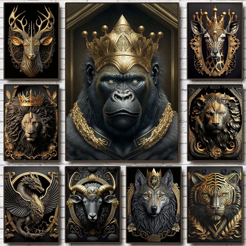 Metal Sculpture Gorilla King Canvas Painting Golden Lion Tiger Deer Bull Poster Wall Art Animal Statue Pictures for Home Deco