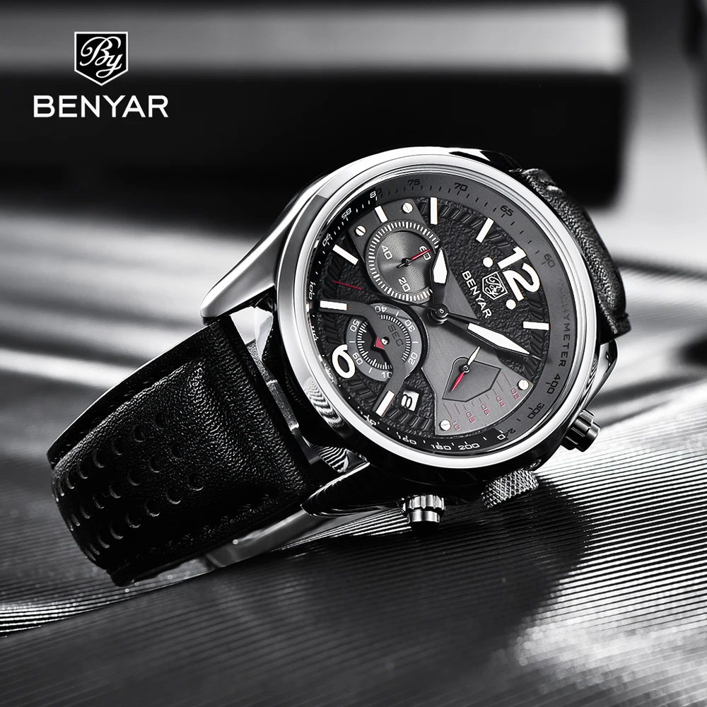 BENYAR 2023 New Mens Watches Quartz Chronograph Watch For Men Top Brand Luxury Sports Waterproof Leather Clock Relogio Masculino